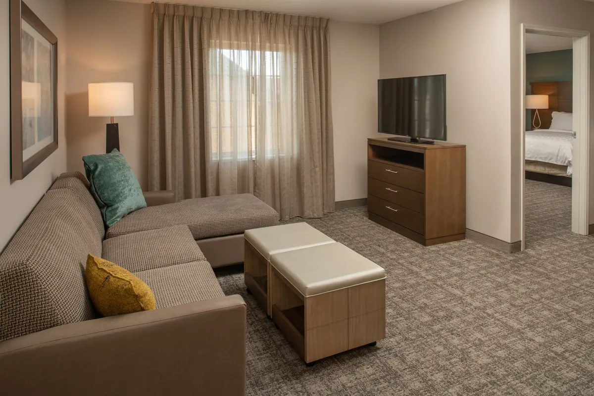 The image showcases a stylish living area featuring a plush sofa, a sleek coffee table, and a modern television, all set against softly lit curtains. The layout invites guests to relax, watch a movie, or sip coffee after exploring nearby attractions. The ambiance exudes comfort and warmth, designed for couples or solo travelers to unwind in.